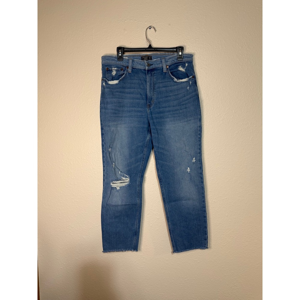 Abercrombie & Fitch Ultra High Rise Mom Jeans Blue Distressed Raw Hem 32 14R